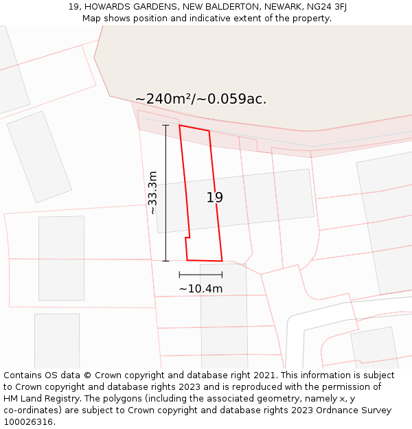 19, HOWARDS GARDENS, NEW BALDERTON, NEWARK, NG24 3FJ: Plot and title map