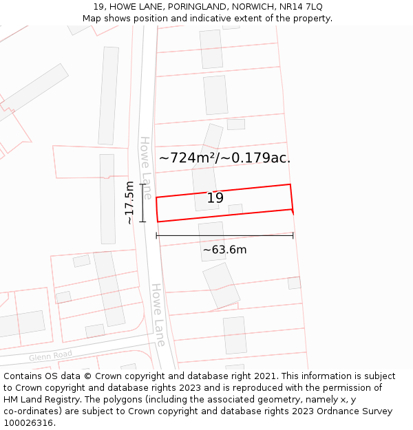 19, HOWE LANE, PORINGLAND, NORWICH, NR14 7LQ: Plot and title map