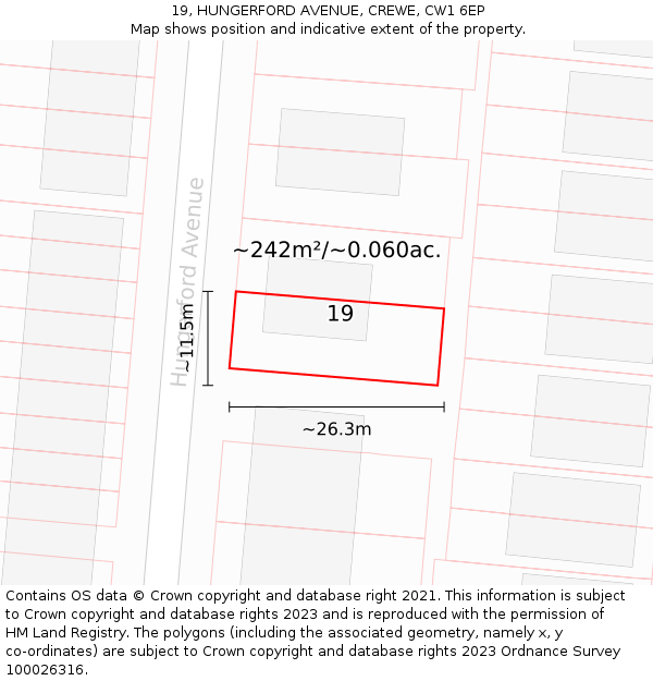 19, HUNGERFORD AVENUE, CREWE, CW1 6EP: Plot and title map