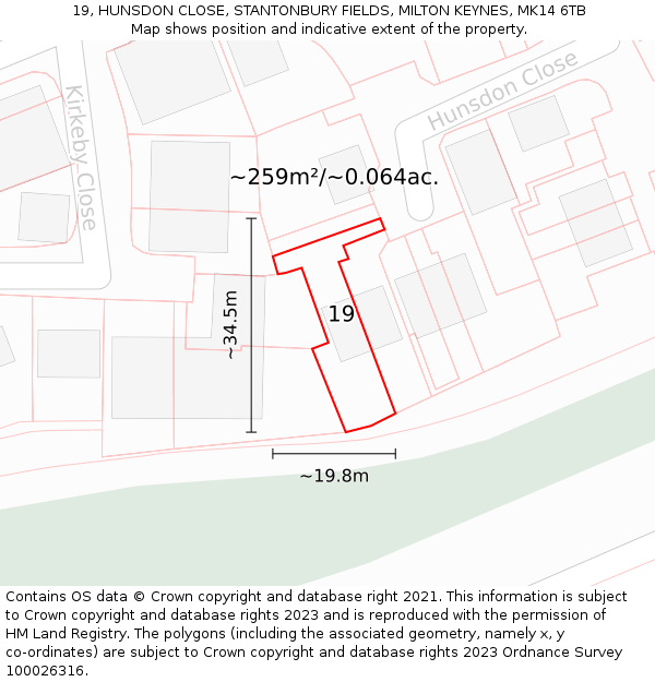 19, HUNSDON CLOSE, STANTONBURY FIELDS, MILTON KEYNES, MK14 6TB: Plot and title map