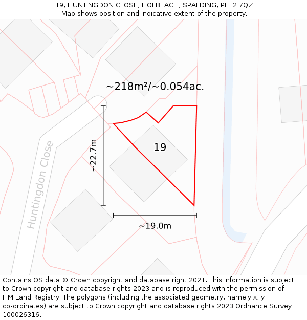 19, HUNTINGDON CLOSE, HOLBEACH, SPALDING, PE12 7QZ: Plot and title map