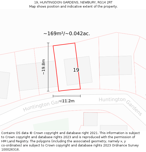 19, HUNTINGDON GARDENS, NEWBURY, RG14 2RT: Plot and title map