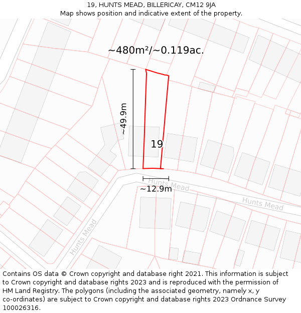 19, HUNTS MEAD, BILLERICAY, CM12 9JA: Plot and title map