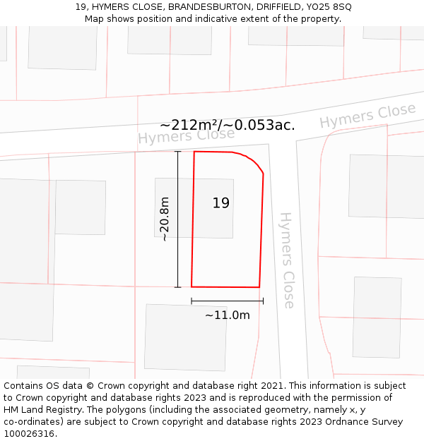 19, HYMERS CLOSE, BRANDESBURTON, DRIFFIELD, YO25 8SQ: Plot and title map