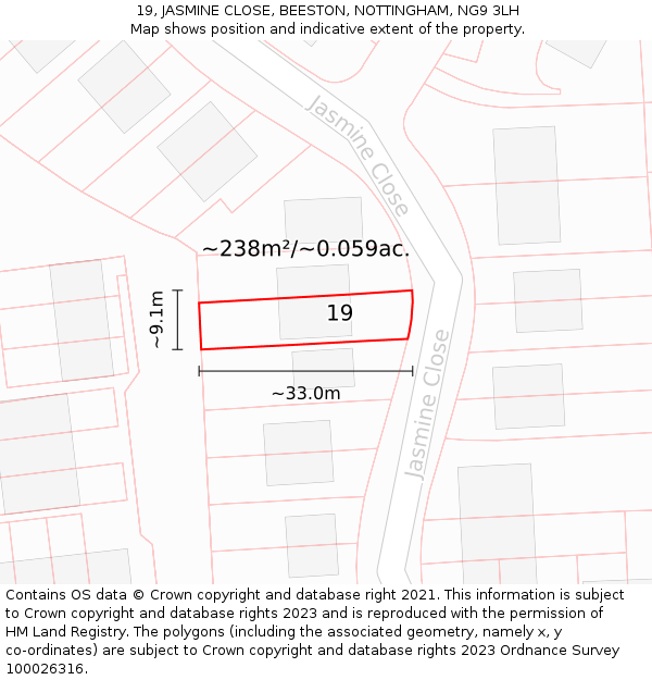 19, JASMINE CLOSE, BEESTON, NOTTINGHAM, NG9 3LH: Plot and title map