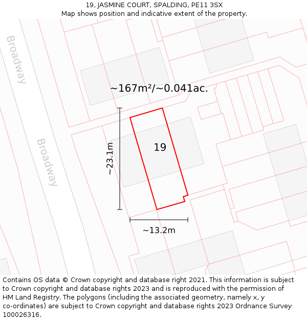 19, JASMINE COURT, SPALDING, PE11 3SX: Plot and title map