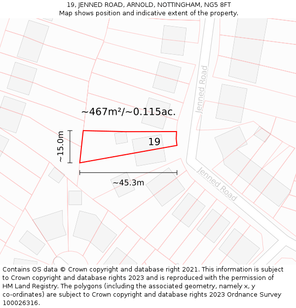 19, JENNED ROAD, ARNOLD, NOTTINGHAM, NG5 8FT: Plot and title map