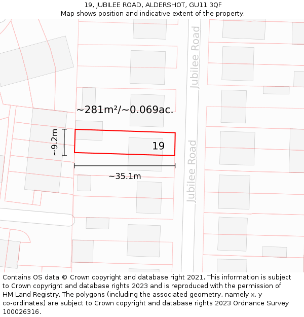 19, JUBILEE ROAD, ALDERSHOT, GU11 3QF: Plot and title map