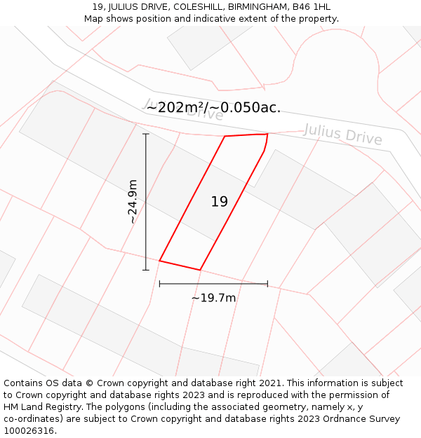19, JULIUS DRIVE, COLESHILL, BIRMINGHAM, B46 1HL: Plot and title map