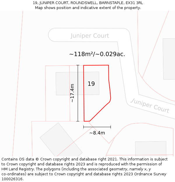 19, JUNIPER COURT, ROUNDSWELL, BARNSTAPLE, EX31 3RL: Plot and title map