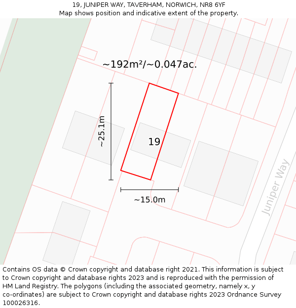 19, JUNIPER WAY, TAVERHAM, NORWICH, NR8 6YF: Plot and title map