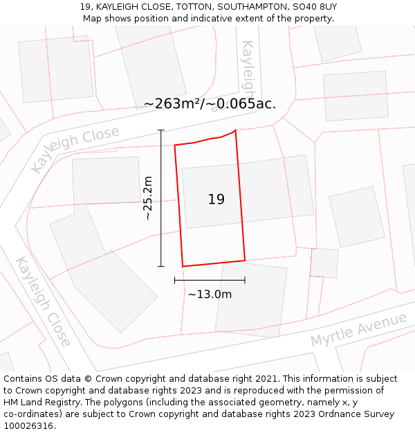 19, KAYLEIGH CLOSE, TOTTON, SOUTHAMPTON, SO40 8UY: Plot and title map