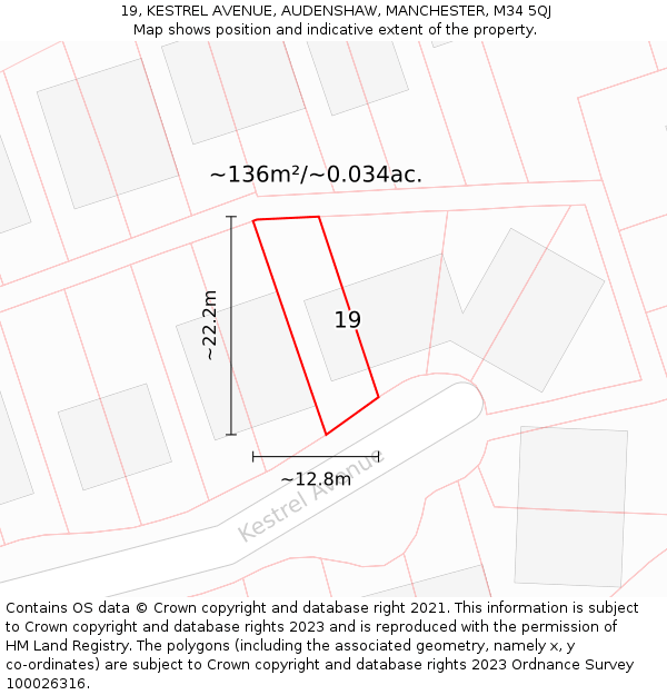 19, KESTREL AVENUE, AUDENSHAW, MANCHESTER, M34 5QJ: Plot and title map