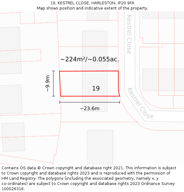 19, KESTREL CLOSE, HARLESTON, IP20 9FA: Plot and title map