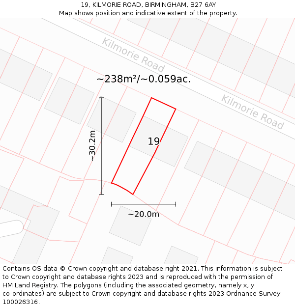 19, KILMORIE ROAD, BIRMINGHAM, B27 6AY: Plot and title map