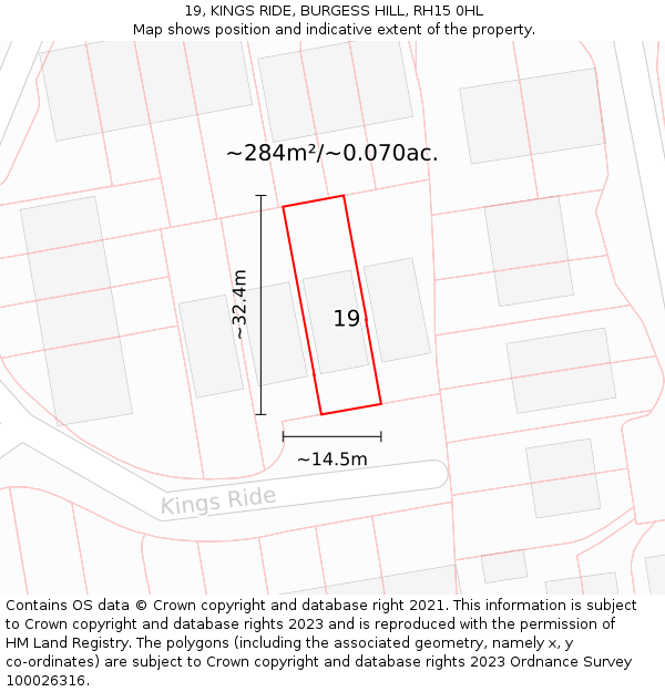 19, KINGS RIDE, BURGESS HILL, RH15 0HL: Plot and title map