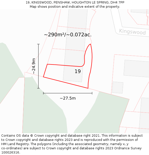 19, KINGSWOOD, PENSHAW, HOUGHTON LE SPRING, DH4 7PP: Plot and title map