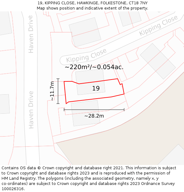 19, KIPPING CLOSE, HAWKINGE, FOLKESTONE, CT18 7NY: Plot and title map