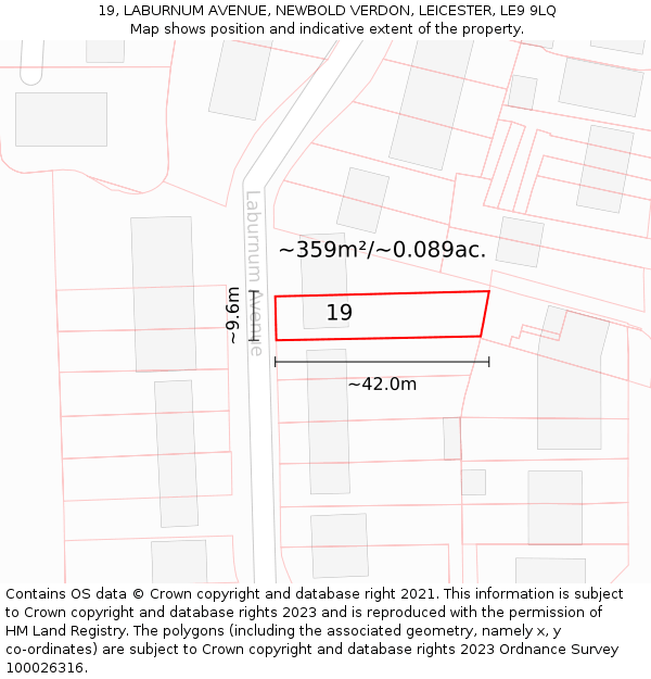 19, LABURNUM AVENUE, NEWBOLD VERDON, LEICESTER, LE9 9LQ: Plot and title map