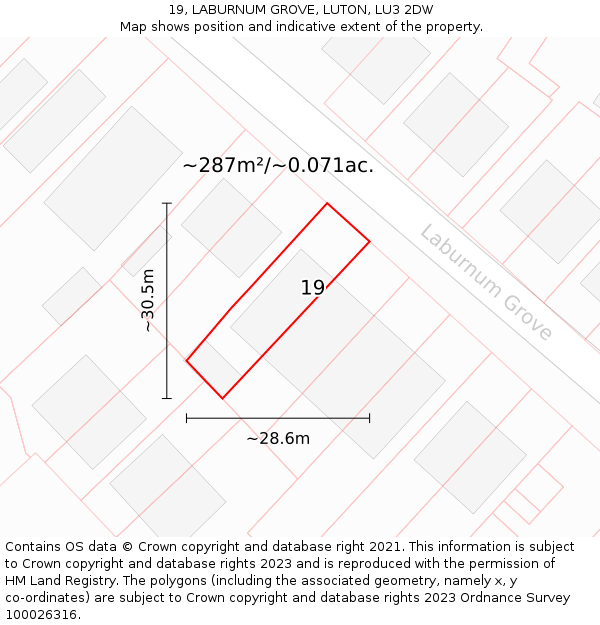 19, LABURNUM GROVE, LUTON, LU3 2DW: Plot and title map