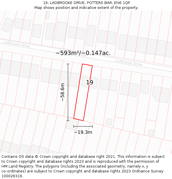 19, LADBROOKE DRIVE, POTTERS BAR, EN6 1QP: Plot and title map