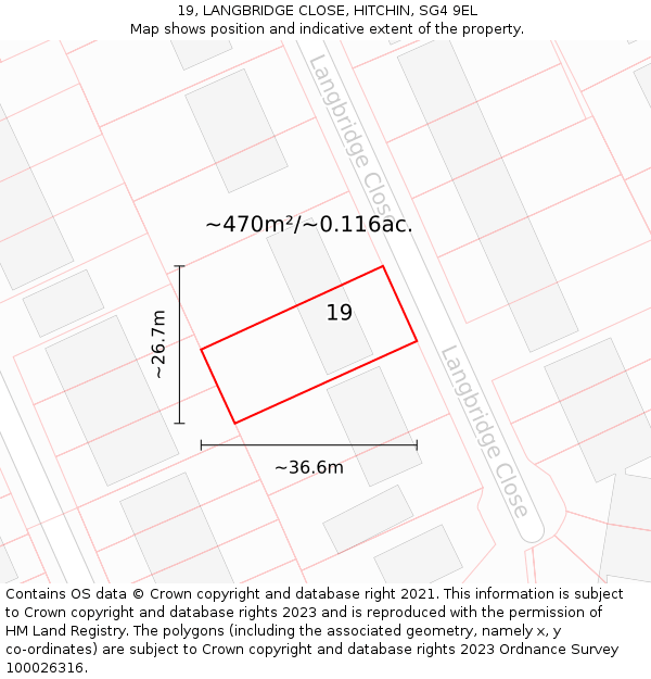 19, LANGBRIDGE CLOSE, HITCHIN, SG4 9EL: Plot and title map