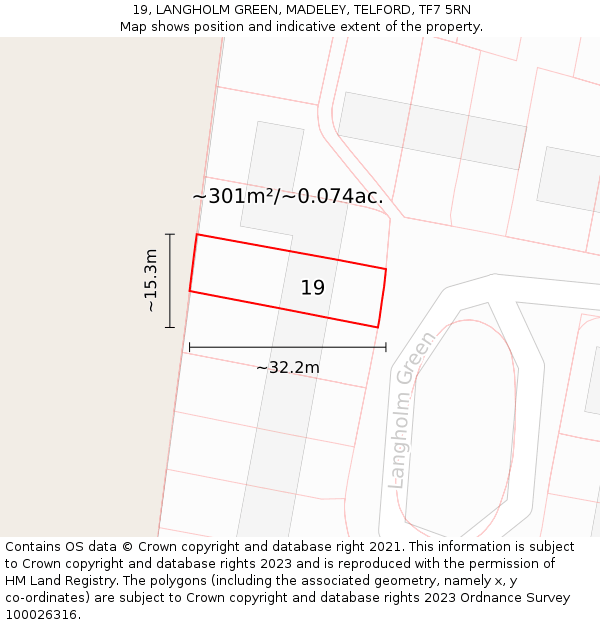 19, LANGHOLM GREEN, MADELEY, TELFORD, TF7 5RN: Plot and title map