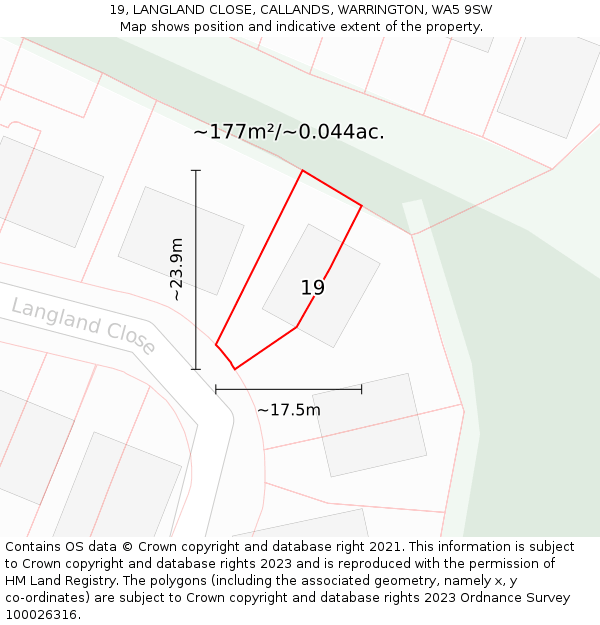 19, LANGLAND CLOSE, CALLANDS, WARRINGTON, WA5 9SW: Plot and title map