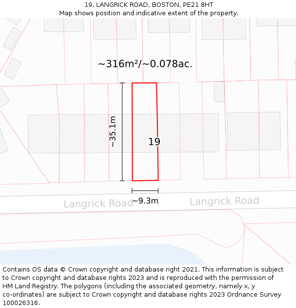 19, LANGRICK ROAD, BOSTON, PE21 8HT: Plot and title map