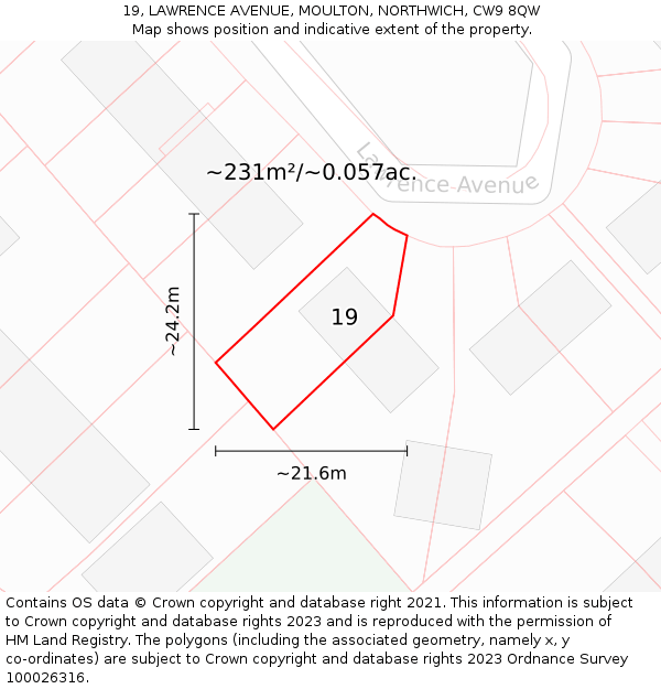 19, LAWRENCE AVENUE, MOULTON, NORTHWICH, CW9 8QW: Plot and title map