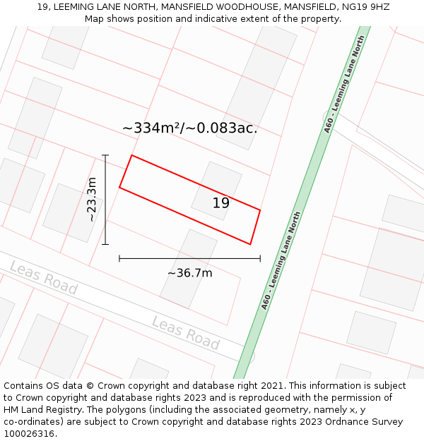 19, LEEMING LANE NORTH, MANSFIELD WOODHOUSE, MANSFIELD, NG19 9HZ: Plot and title map