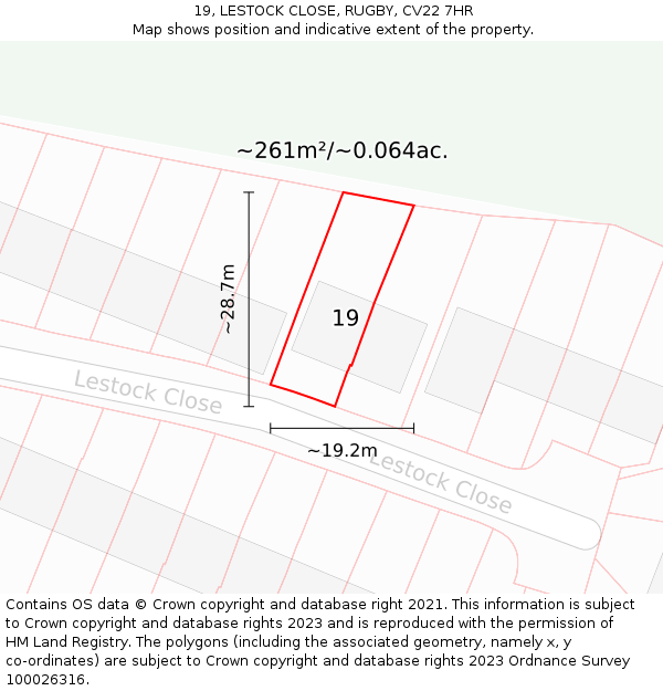 19, LESTOCK CLOSE, RUGBY, CV22 7HR: Plot and title map
