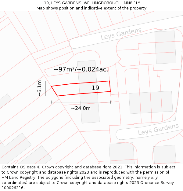 19, LEYS GARDENS, WELLINGBOROUGH, NN8 1LY: Plot and title map