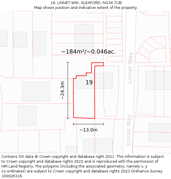 19, LINNET WAY, SLEAFORD, NG34 7UB: Plot and title map