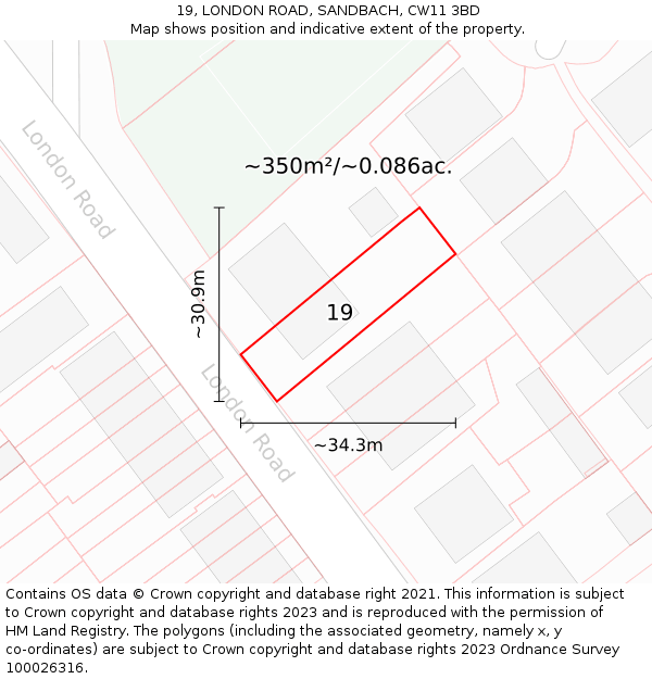 19, LONDON ROAD, SANDBACH, CW11 3BD: Plot and title map