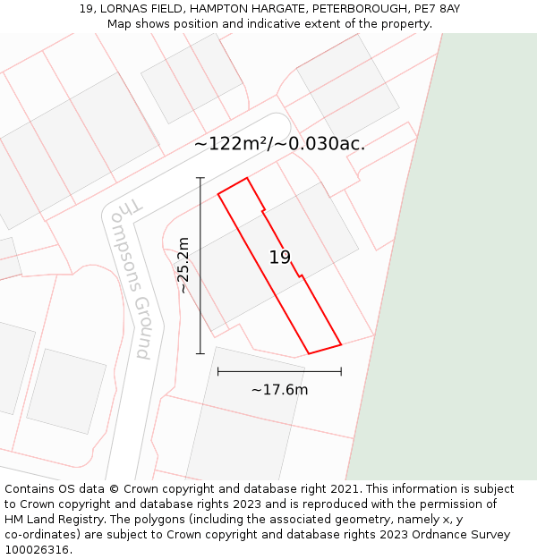 19, LORNAS FIELD, HAMPTON HARGATE, PETERBOROUGH, PE7 8AY: Plot and title map