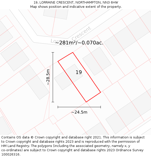 19, LORRAINE CRESCENT, NORTHAMPTON, NN3 6HW: Plot and title map