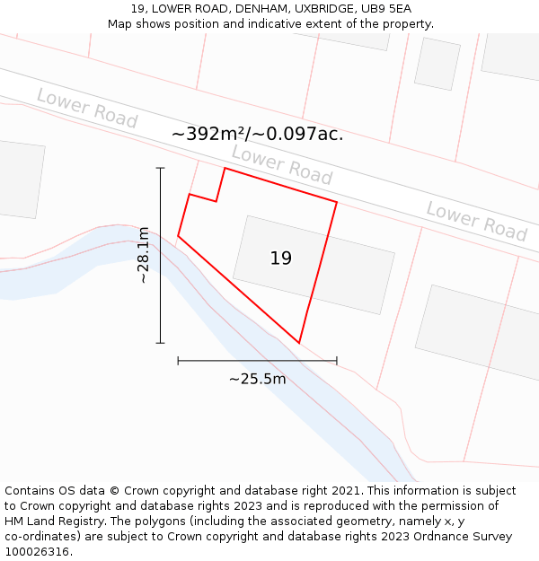 19, LOWER ROAD, DENHAM, UXBRIDGE, UB9 5EA: Plot and title map