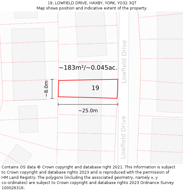 19, LOWFIELD DRIVE, HAXBY, YORK, YO32 3QT: Plot and title map