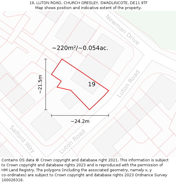 19, LUTON ROAD, CHURCH GRESLEY, SWADLINCOTE, DE11 9TF: Plot and title map