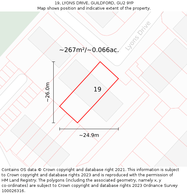 19, LYONS DRIVE, GUILDFORD, GU2 9YP: Plot and title map