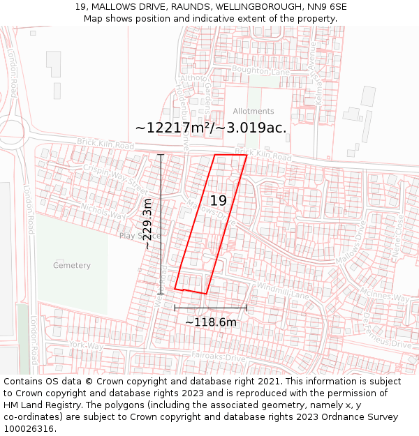 19, MALLOWS DRIVE, RAUNDS, WELLINGBOROUGH, NN9 6SE: Plot and title map