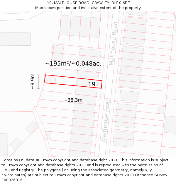 19, MALTHOUSE ROAD, CRAWLEY, RH10 6BE: Plot and title map
