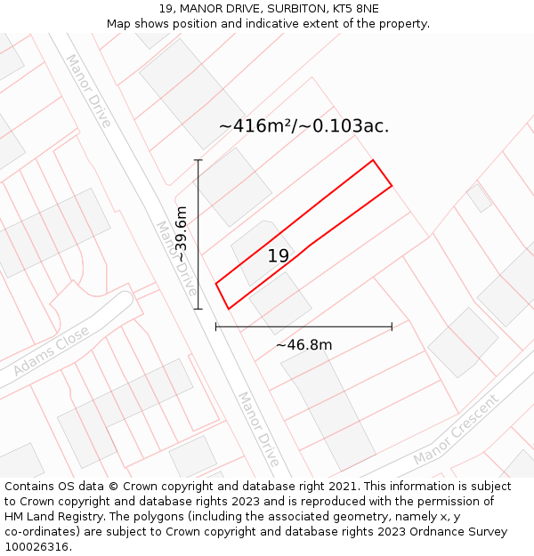 19, MANOR DRIVE, SURBITON, KT5 8NE: Plot and title map