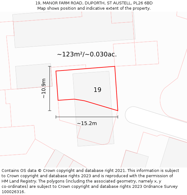 19, MANOR FARM ROAD, DUPORTH, ST AUSTELL, PL26 6BD: Plot and title map