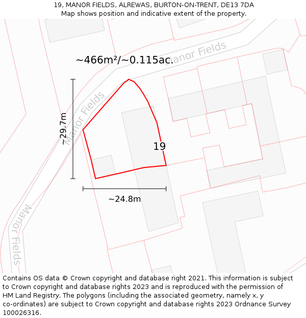 19, MANOR FIELDS, ALREWAS, BURTON-ON-TRENT, DE13 7DA: Plot and title map