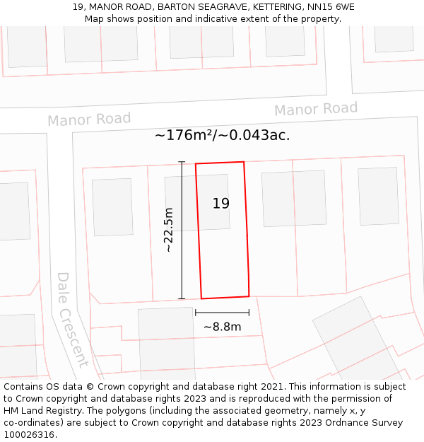19, MANOR ROAD, BARTON SEAGRAVE, KETTERING, NN15 6WE: Plot and title map