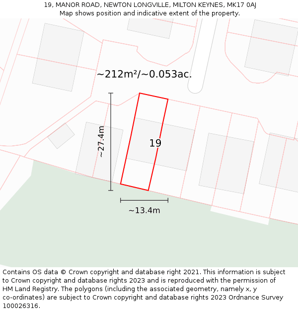 19, MANOR ROAD, NEWTON LONGVILLE, MILTON KEYNES, MK17 0AJ: Plot and title map