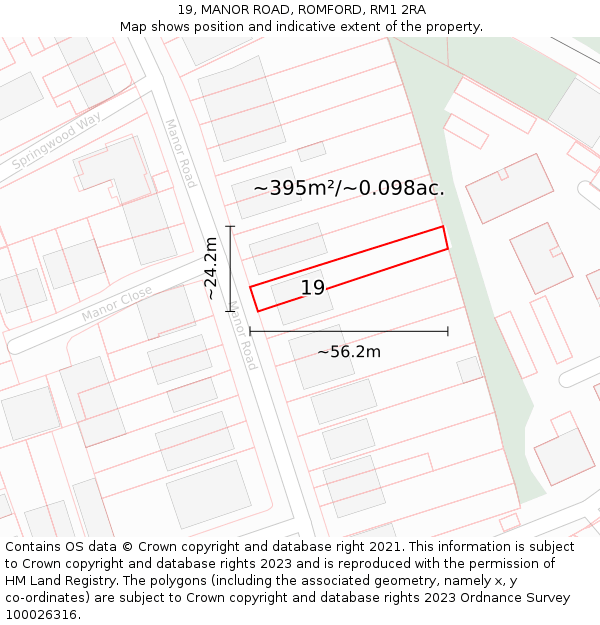 19, MANOR ROAD, ROMFORD, RM1 2RA: Plot and title map