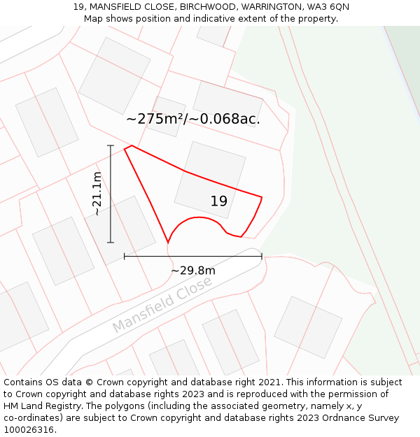 19, MANSFIELD CLOSE, BIRCHWOOD, WARRINGTON, WA3 6QN: Plot and title map